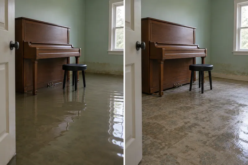 Water Extraction Near Robin Bledsoe Park — matched room before pickup and damp floor after collection