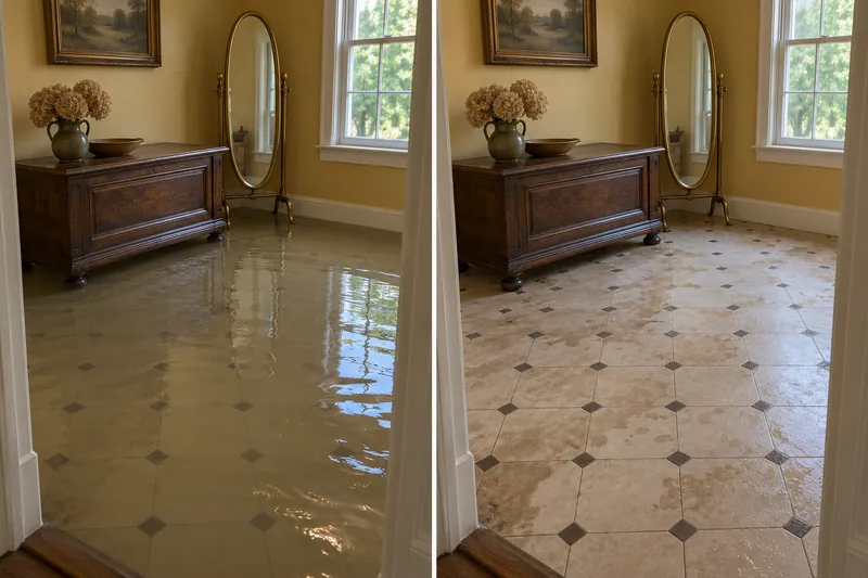 Water Extraction Near Devine Lake Park — matched room before pickup and damp floor after collection