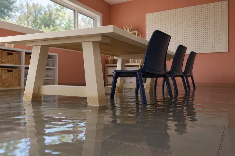 Water Extraction Near Devine Lake Park — standing water around submerged furniture feet