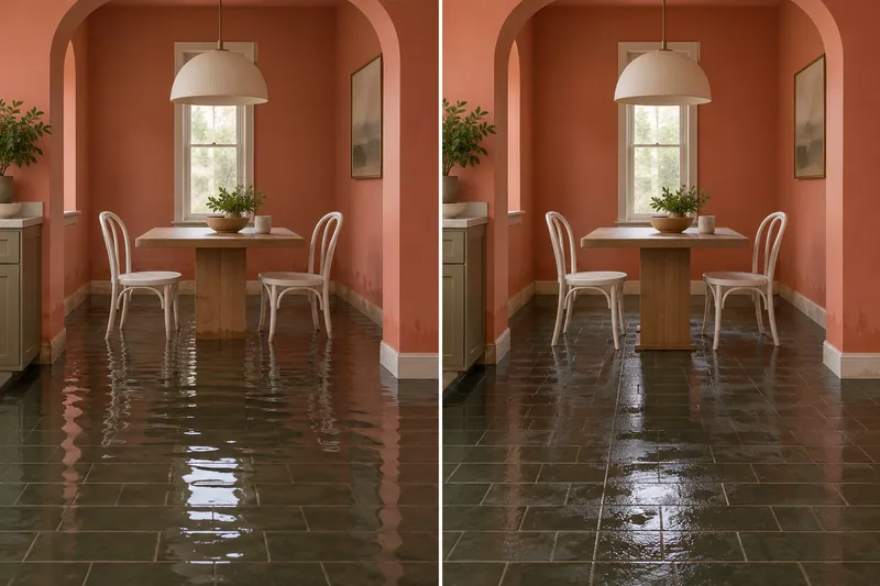 Water Extraction Near Lakewood Park — matched room before pickup and damp floor after collection