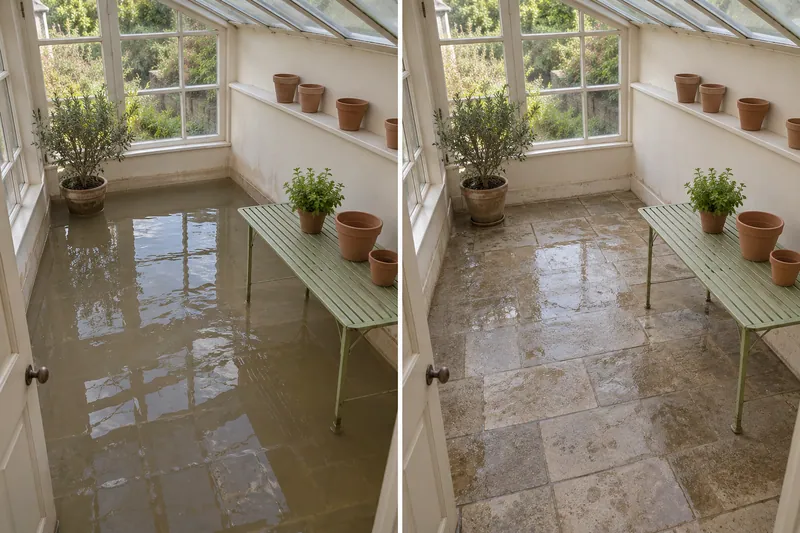 Water Extraction Near Mason Homestead — matched room before pickup and damp floor after collection