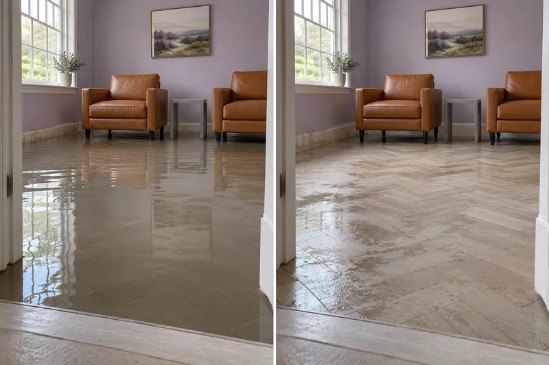 Water Extraction Near Horizon Lake Park — matched room before pickup and damp floor after collection