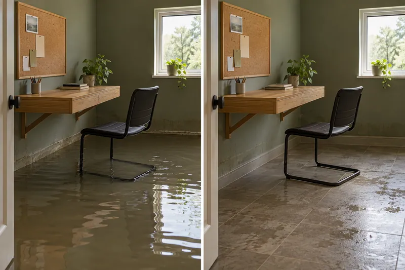 Water Extraction in Leander — matched room before pickup and damp floor after collection
